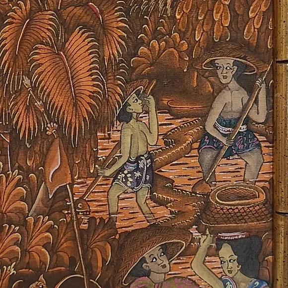 Gold Bamboo Framed Fabric Oriental Art